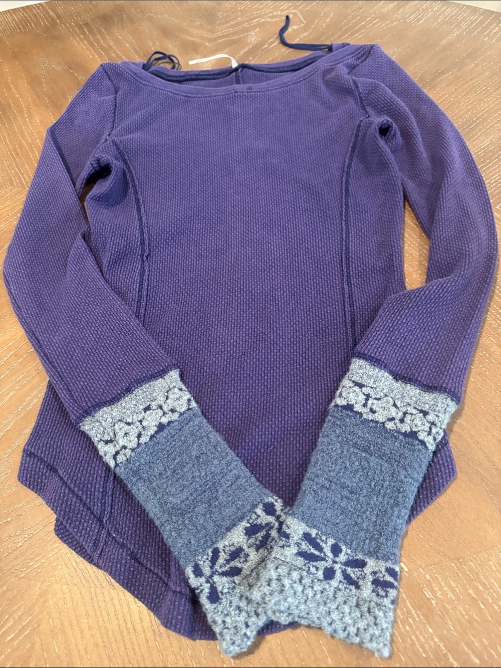 Free People Purple Knit Long Sleeve Thermal Top with Blue Gray Patterned Cuffs